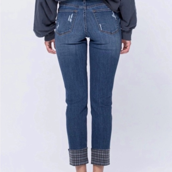 Judy Blue 13/31 Skinny Jeans Plaid Cuff Raw Hem Stretch Denim Women - Picture 2 of 10
